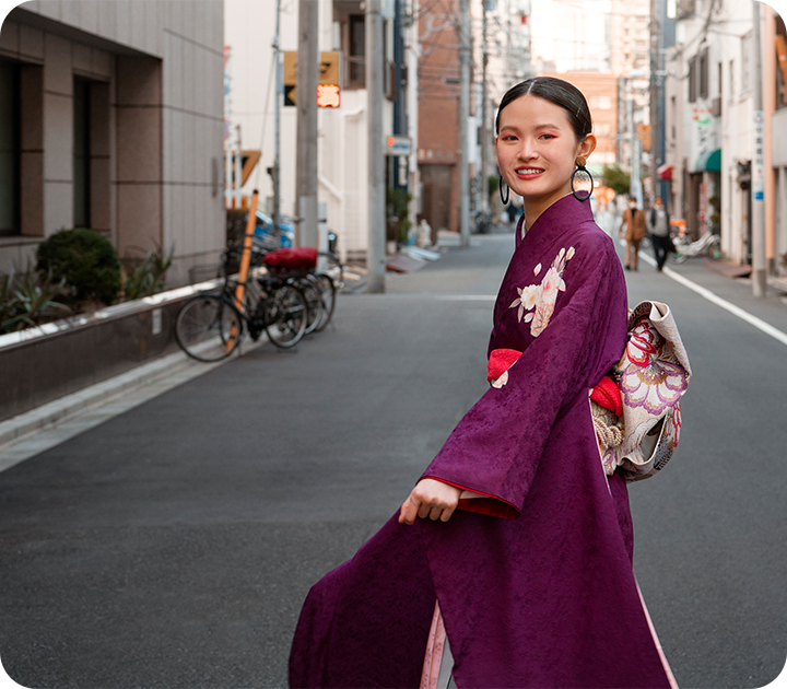 Japanese Woman in Traditional Kimono Crossing Street